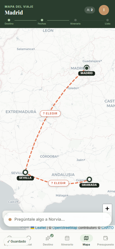 Mapa de Norvia con la ruta multidestino entre Madrid, Sevilla y Granada