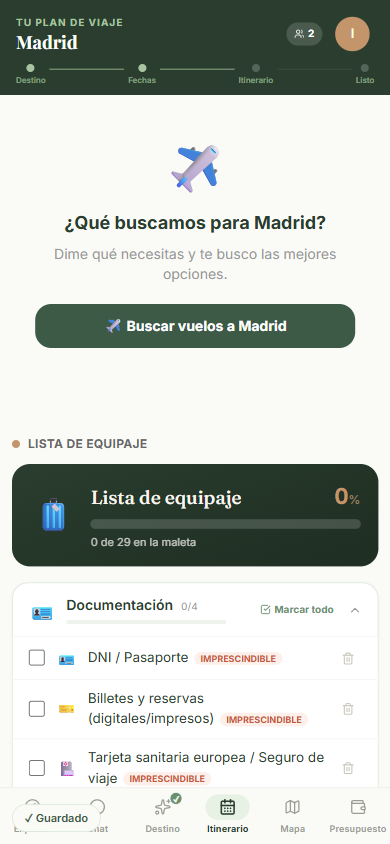 Plan de viaje de Norvia con la lista de equipaje organizada por categorías